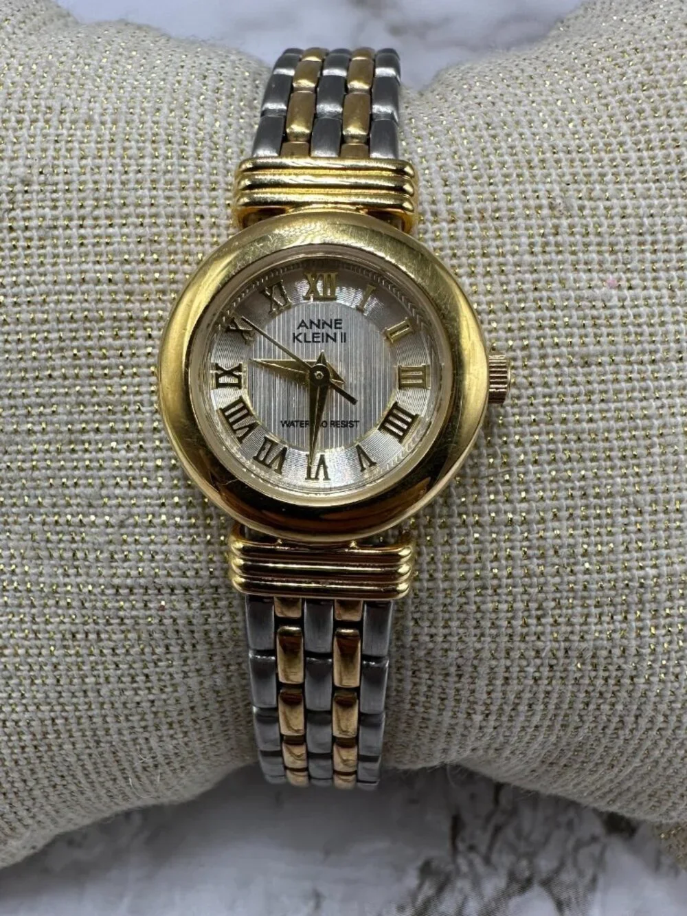 3/$30 Anne Klein Watch Women Silver Gold Two Tone Roman Numeral Dial Works 6.75
